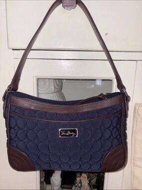 Vera Bradley Navy Quilted Shoulder Bag with Brown Trim and Strap